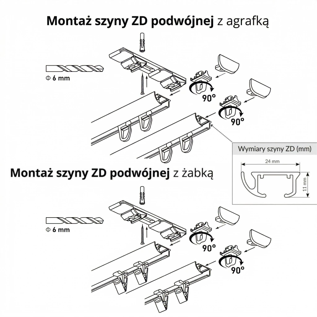 Schemat techniczny oraz wymiary podwójnej szyny ZD