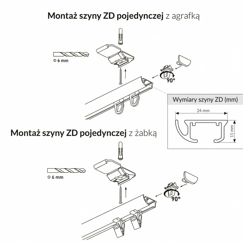 Schemat techniczny oraz wymiary pojedynczej szyny ZD